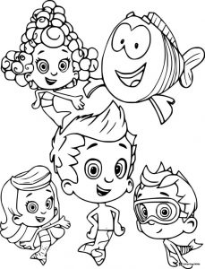 Group of Bubble Guppies and happy fish coloring page