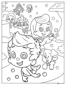 Group of Bubble Guppies with their dog coloring sheet