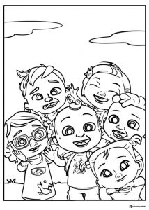 Group of happy Cocomelon friends coloring page