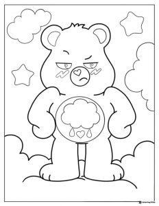 Grumpy Care Bear Coloring Page with a rain cloud and hearts