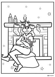Grumpy Grinch sitting by fireplace coloring sheet