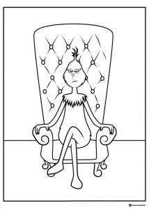 Grumpy Grinch sitting on a fancy chair coloring page