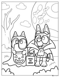 Halloween Bluey Coloring Page with Trick or Treat Outfits