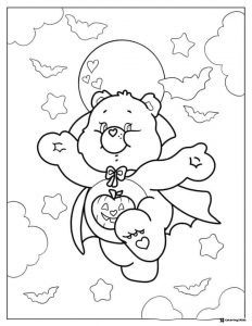 Halloween Care Bear Coloring Page with pumpkin and bats
