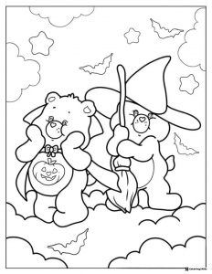 Halloween Care Bears Coloring Page with witch and bats