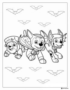 Halloween Paw Patrol Pups Coloring Page with Flying Bats