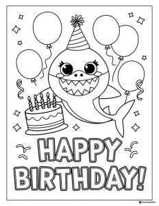 Happy Birthday Baby Shark coloring page with cake balloons
