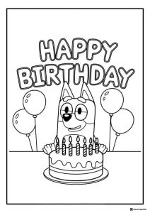 Happy Birthday Bluey Coloring Page with Cake and Balloons