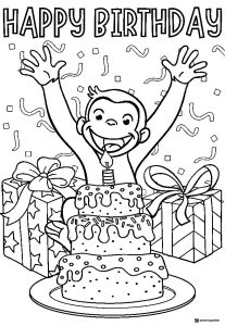 Happy Birthday Curious George with cake and gifts