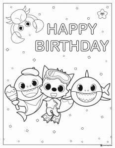 Happy Birthday coloring page with Baby Shark and Pinkfong