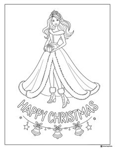 Happy Christmas Barbie Coloring Page with a Gift