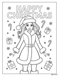 Happy Christmas Barbie Coloring Sheet with Gifts