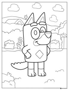 Happy Dog Character Coloring Page with Hills and Bushes