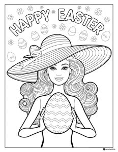 Happy Easter Barbie Coloring Page with Big Hat