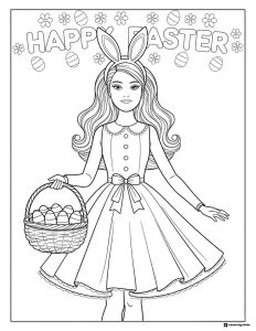 Happy Easter Barbie Coloring Page with Bunny Ears