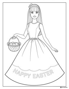 Happy Easter Barbie Coloring Page with Egg Basket
