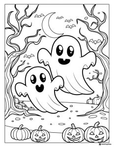 Happy Ghosts Pumpkins and Bats Coloring Page