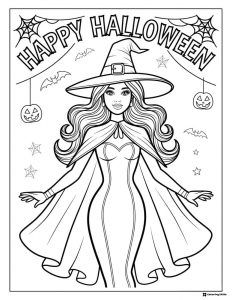 Happy Halloween Barbie Coloring Page with Witch