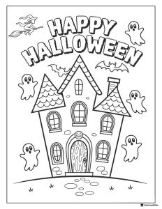 Happy Halloween Coloring Page with Haunted House and Ghosts