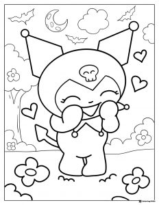 Happy Kuromi with hearts flowers bats coloring page