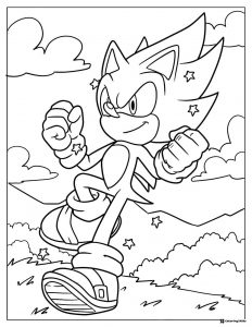 Happy Sonic Coloring Sheet with Stars and Mountain View