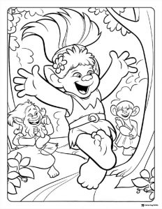 Happy Trolls character jumping with two others coloring