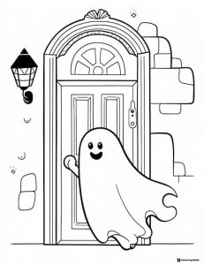 Happy ghost knocking on a front door coloring page