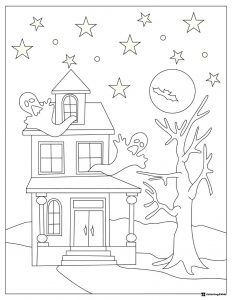 Haunted House Coloring Page with Ghosts and Moon