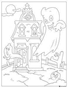 Haunted House Coloring Page with Ghosts and Pumpkin