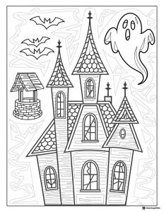 Haunted Mansion Coloring Page with Well and Bats