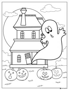 Haunted house and ghost with pumpkins coloring page