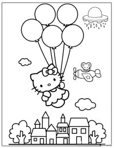 Hello Kitty Balloon Ride City Coloring Page