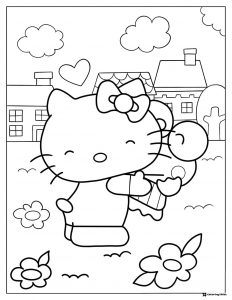 Hello Kitty Coloring Page with Flowers and Houses