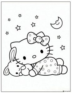 Hello Kitty Sleeping with Bunny Coloring Page 1