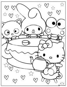 Hello Kitty Tea Party with Hearts and Stars Coloring Page