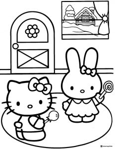 Hello Kitty and Bunny with Lollipops Coloring Page