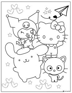 Hello Kitty and Friends with Hearts Coloring Page