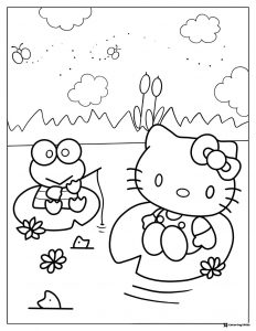 Hello Kitty and Keroppi Fishing Coloring Page