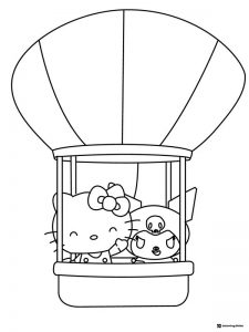 Hello Kitty and Kuromi in a hot air balloon