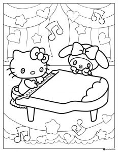 Hello Kitty and My Melody playing piano coloring page 1