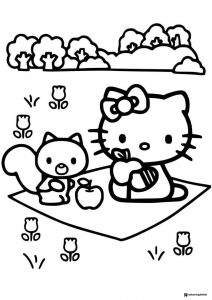 Hello Kitty and a squirrel on a picnic coloring page