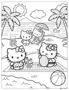 Hello Kitty and friends at the beach coloring page 1