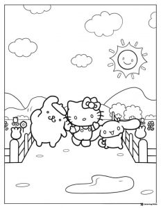 Hello Kitty and friends in a field coloring page 1