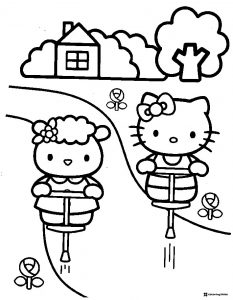 Hello Kitty and friends on pogo sticks coloring page
