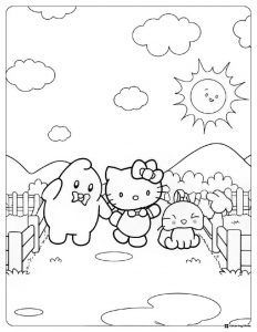 Hello Kitty and friends walking on a path coloring page 1