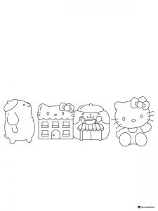 Hello Kitty and friends with buildings coloring page 1