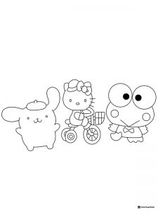 Hello Kitty on a bike with Pompompurin and Keroppi 1