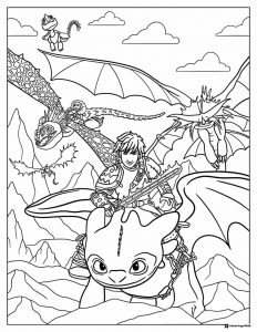 Hiccup and Toothless flying with dragons coloring page