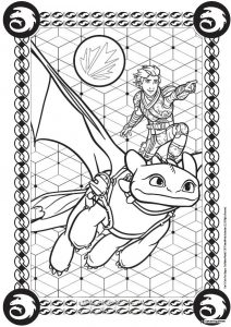 Hiccup and Toothless flying with geometric background coloring page