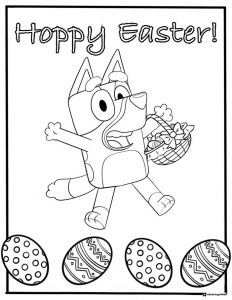 Hoppy Easter Bluey Coloring Page with Basket and Eggs